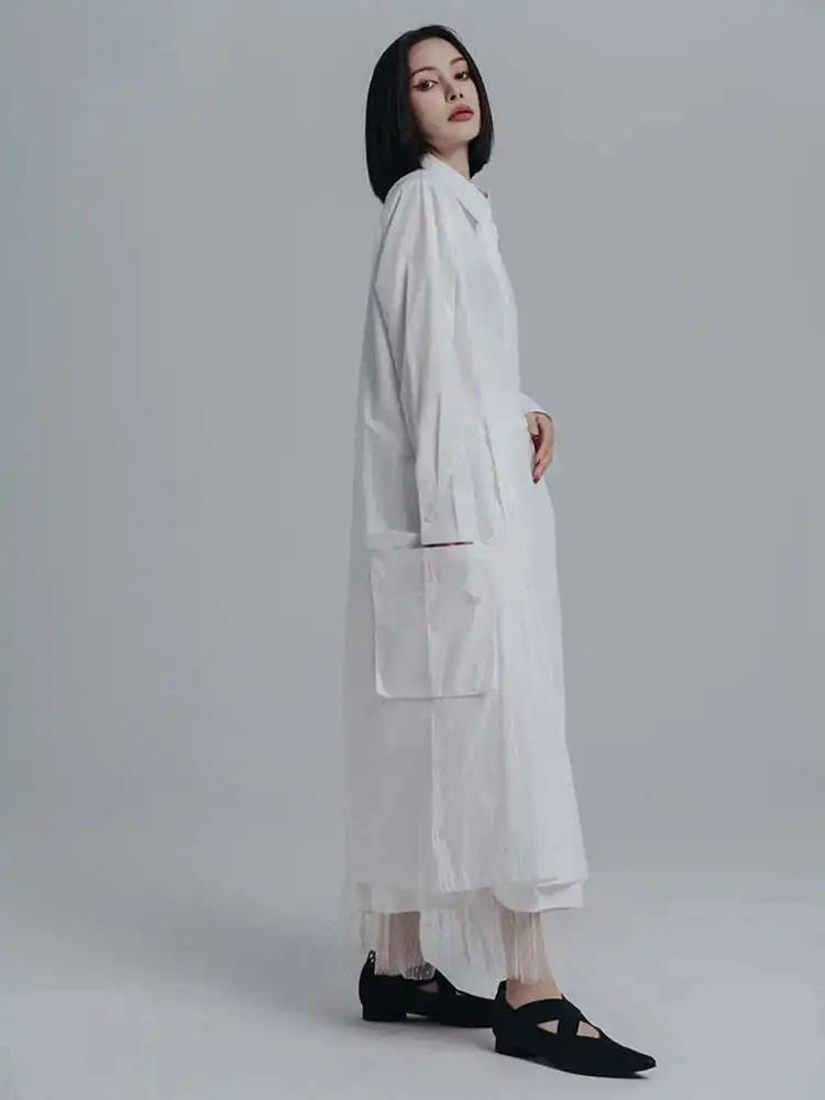 Women White Pleated Irreuglar Big Size Shirt Dress New Lapel Long Sleeve Loose Fit Fashion Tide Spring Autumn 2025 1DE7026
