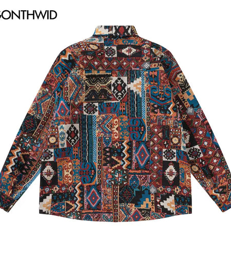 Thick Shirt Coat Y2K Hip Hop Knitted Retro Geometric Patterns Long Sleeve Button Shirts 2023 Vintage Harajuku Fashion Loose Tops
