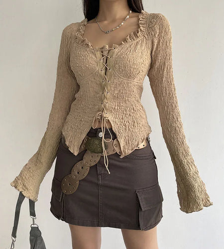 French Chic Vintage T shirt Women Clothing Square Neck Ruffles Shirred Autumn Top Shirt Lace Up Fashion Corset Party