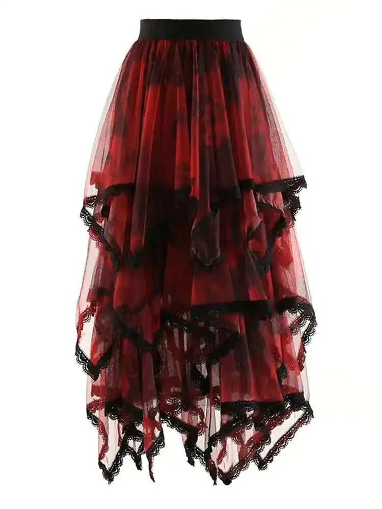 High Elastic Waist Red Irregular Lace Mesh A-line Midi Half-body Skirt Women Fashion Tide New Spring Autumn 2025 1DH9407
