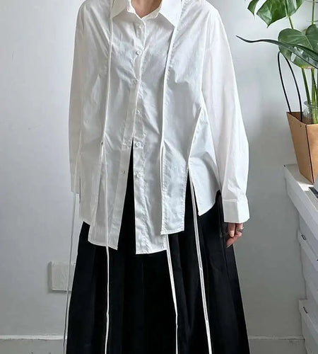 Women White Irregular String Slit Big Size Blouse New Lapel Long Sleeve Shirt Fashion Tide Spring Autumn 2025 1DJ0302