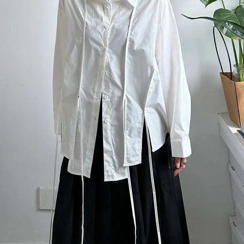 Load image into Gallery viewer, Women White Irregular String Slit Big Size Blouse New Lapel Long Sleeve Shirt Fashion Tide Spring Autumn 2025 1DJ0302
