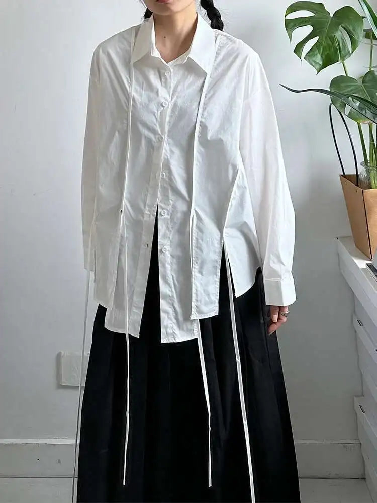 Women White Irregular String Slit Big Size Blouse New Lapel Long Sleeve Shirt Fashion Tide Spring Autumn 2025 1DJ0302