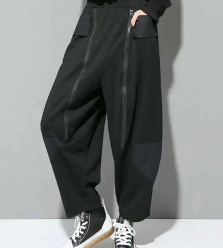High Elastic Waist Black Zipper Spliced Harem Pants New Loose Fit Trousers Women Fashion Tide Spring Autumn 2025 1DF5321