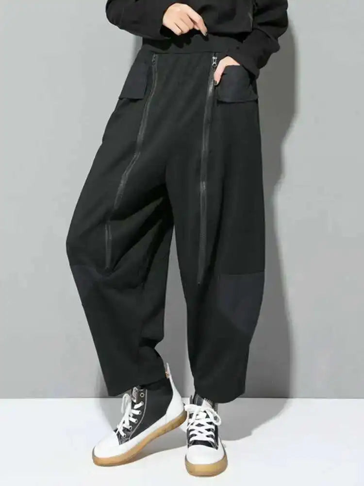 High Elastic Waist Black Zipper Spliced Harem Pants New Loose Fit Trousers Women Fashion Tide Spring Autumn 2025 1DF5321