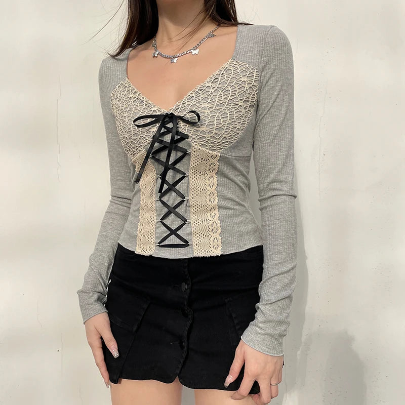 Vintage Chic Spring Autumn Tee Shirts Y2K Aesthetic Lace Spliced Slim Tie Up Cropped T-shirt Long Sleeve Girls Preppy