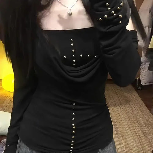 Load image into Gallery viewer, Black Beading Woman T Shirt Y2k Tops Slash Neck Long Sleeve Tees Fashion Korean Sexy Camisetas 2025 Ropa Mujer Casual Tshirts
