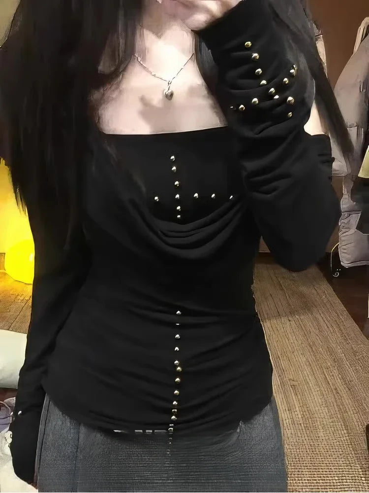 Black Beading Woman T Shirt Y2k Tops Slash Neck Long Sleeve Tees Fashion Korean Sexy Camisetas 2025 Ropa Mujer Casual Tshirts