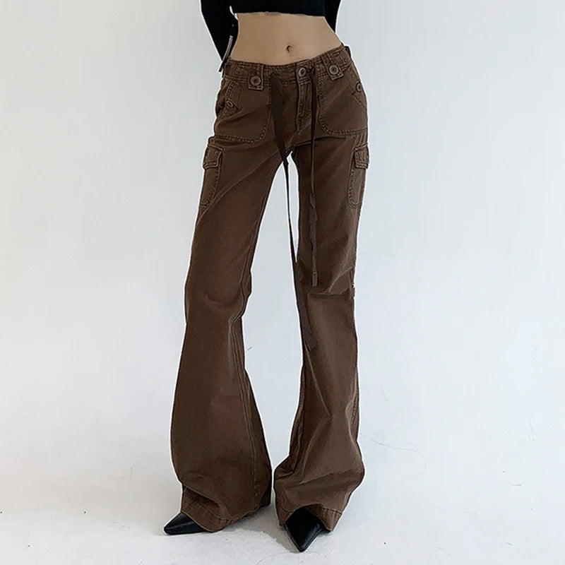 Vintage Y2K Chic Brown Low Waisted Flared Jeans Stitched Streetwear Grunge Denim Trousers Korean Boot Cut Pants Slim