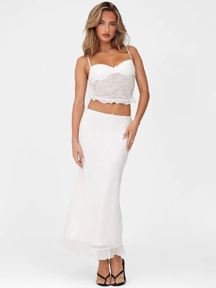 Lace Sexy Two Piece Sets Women Spaghetti Strap Sleeveless Crop Tops And Long Skirt Matching Sets Elegant Club Sets