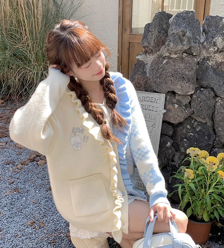 Preppy Style Contrast Color Cardigans Loose Cartoon Embroidery Sweet Knitted Sweater Harajuku Female Ruffled Patchwork Jackets