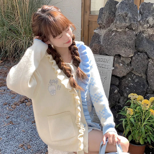 Load image into Gallery viewer, Preppy Style Contrast Color Cardigans Loose Cartoon Embroidery Sweet Knitted Sweater Harajuku Female Ruffled Patchwork Jackets
