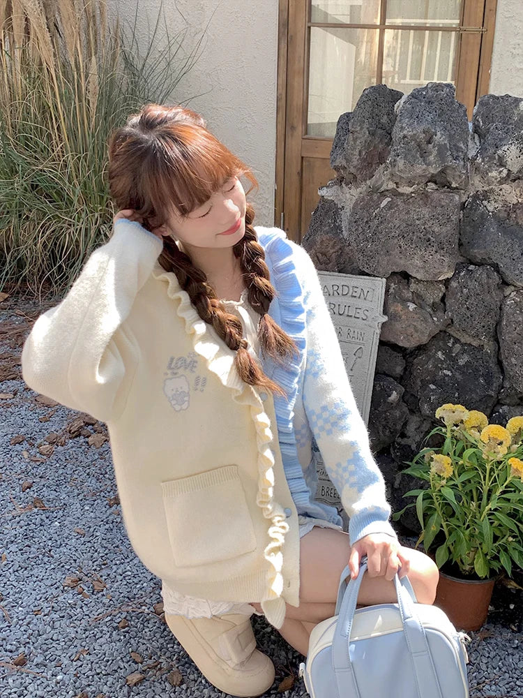 Preppy Style Contrast Color Cardigans Loose Cartoon Embroidery Sweet Knitted Sweater Harajuku Female Ruffled Patchwork Jackets