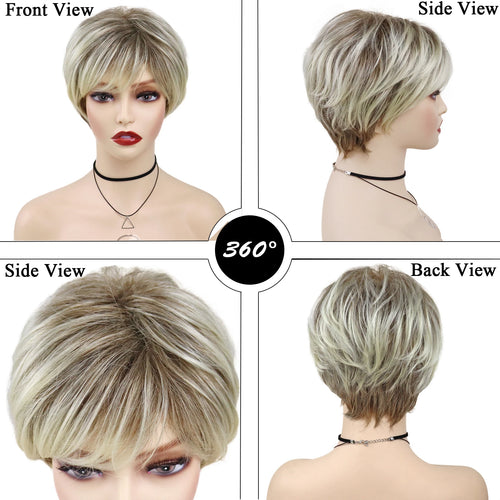 Load image into Gallery viewer, Synthetic Blonde Wigs for White Women Short Layered Pixie Cut Ombre Wig with Dark Root Side Part Bangs Wig Daily Party
