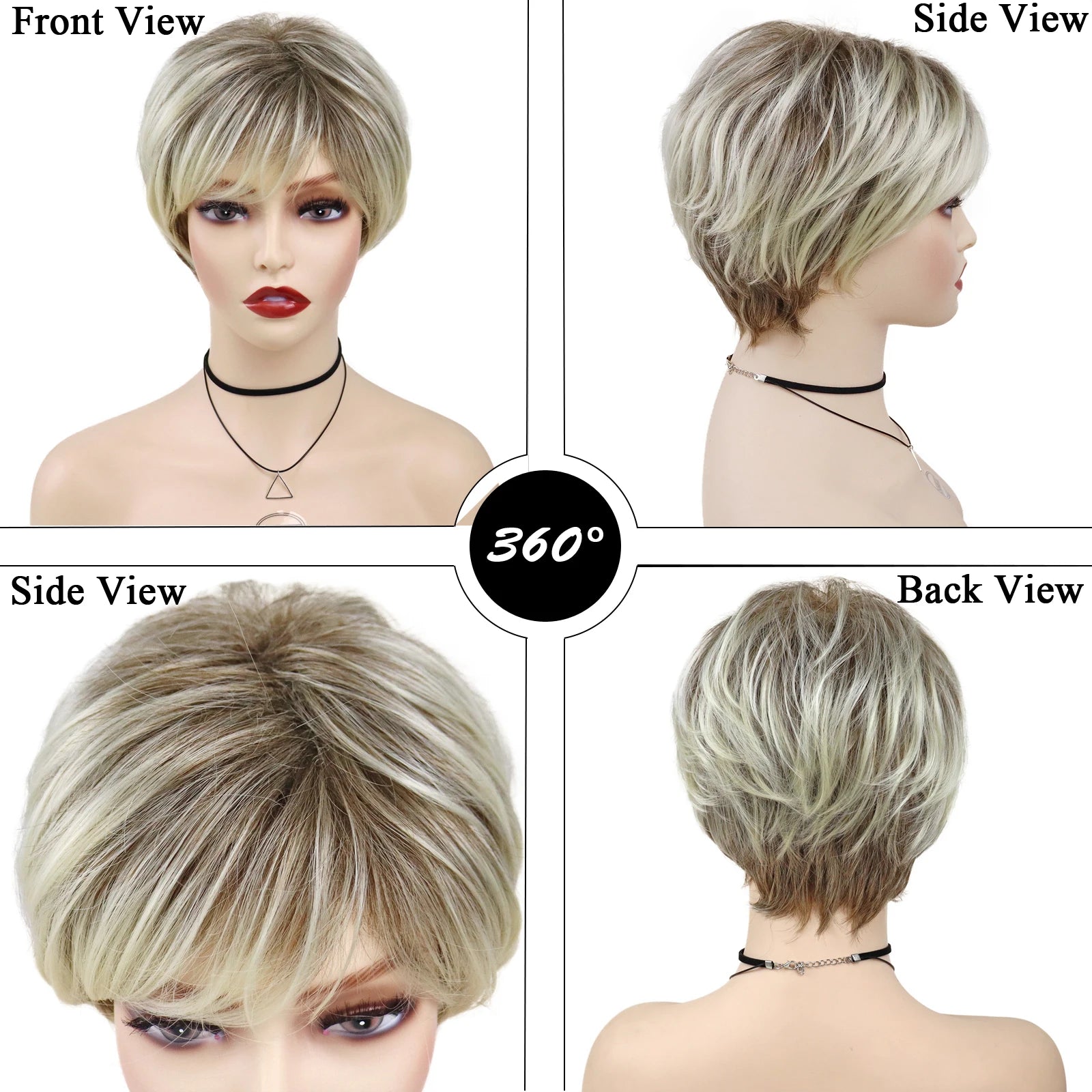 Synthetic Blonde Wigs for White Women Short Layered Pixie Cut Ombre Wig with Dark Root Side Part Bangs Wig Daily Party