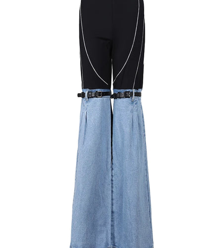 High Waist Blue Denim Color-block Slim Long Wide Leg Jeans New Women Trousers Fashion Tide Spring Autumn 2025 YX018105