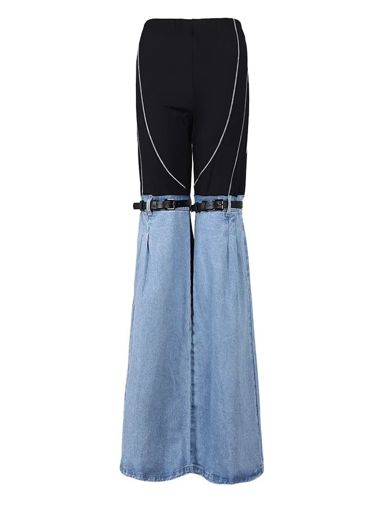 High Waist Blue Denim Color-block Slim Long Wide Leg Jeans New Women Trousers Fashion Tide Spring Autumn 2025 YX018105