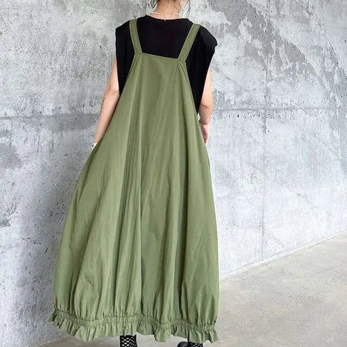 Load image into Gallery viewer, Women Green Pleated Pocket Big Size Strap Dress New Square Collar Sleeveless Fashion Tide Spring Autumn 2025 1DH6067
