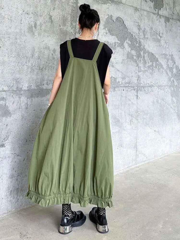 Women Green Pleated Pocket Big Size Strap Dress New Square Collar Sleeveless Fashion Tide Spring Autumn 2025 1DH6067
