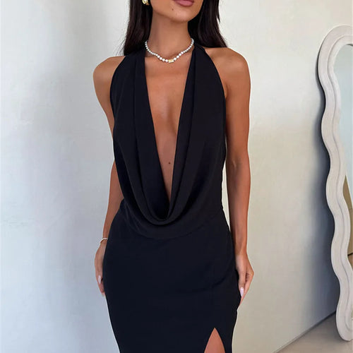 Load image into Gallery viewer, Halter Deep V Neck Sexy Maxi Dress Women Gown Fashion Sleeveless Backless Thigh High Split Bodycon Club Long Dress

