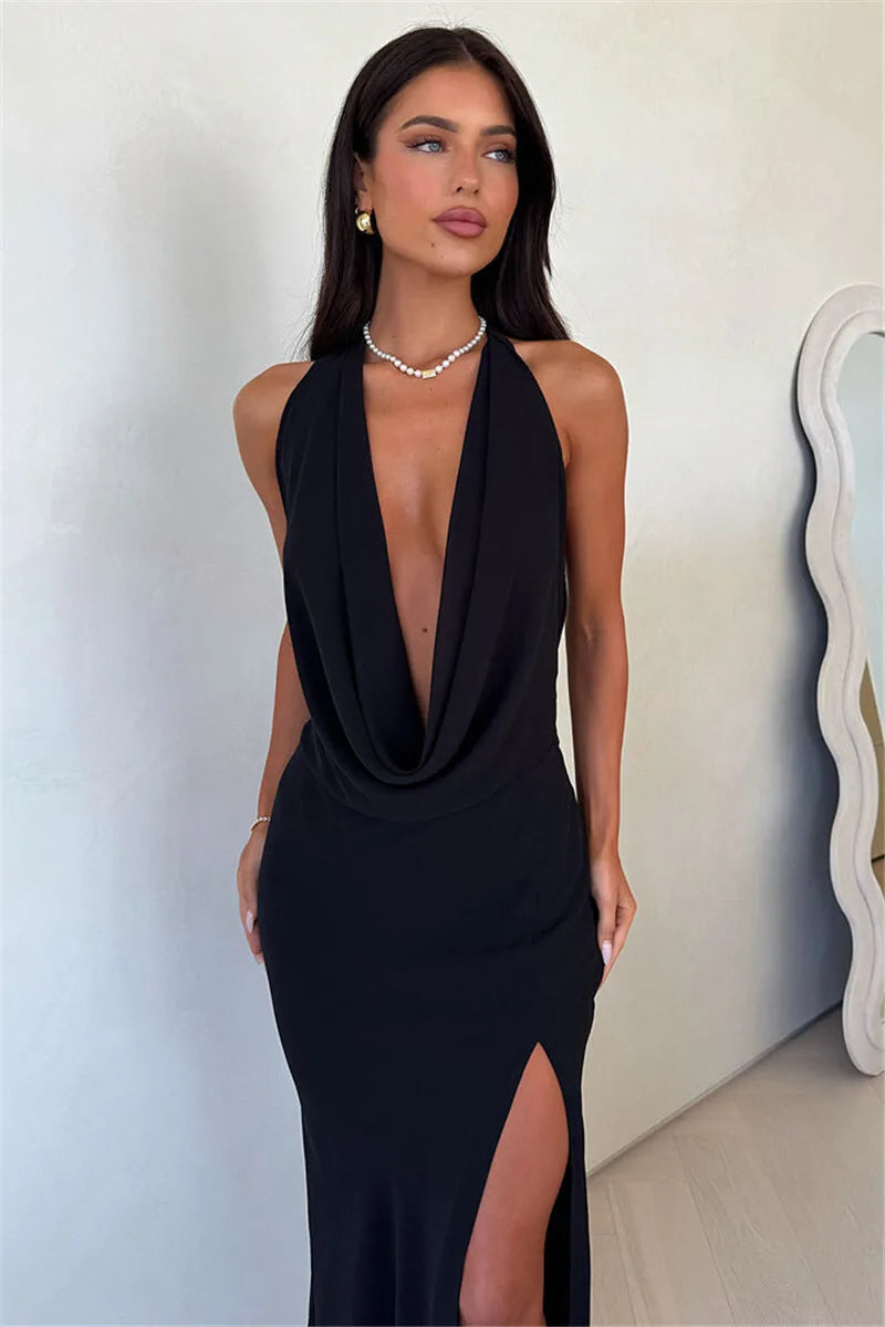 Halter Deep V Neck Sexy Maxi Dress Women Gown Fashion Sleeveless Backless Thigh High Split Bodycon Club Long Dress