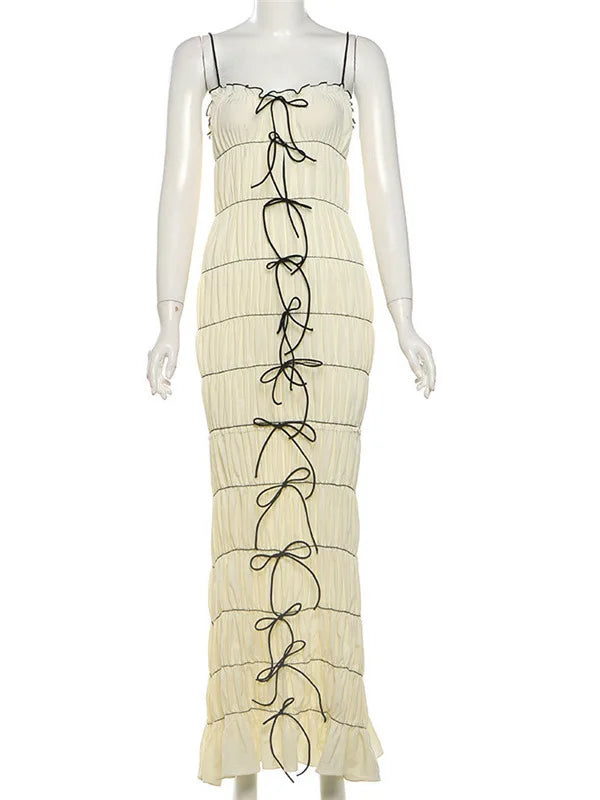 Elegant Spaghetti Strap Bodycon Women Dress 2024 Autumn Sexy Backless Pleated Party Club Evening Dress Waist Vestdos