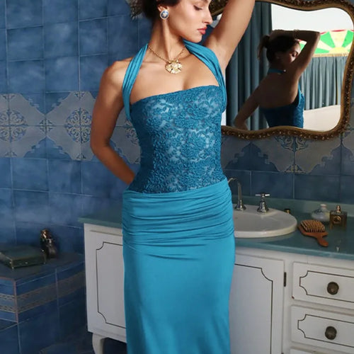 Load image into Gallery viewer, Off-shoulder Strapless Sexy Maxi Dress For Women Elegant Blue Sleeveless Backless Lace Patchwork Bodycon Long Dress
