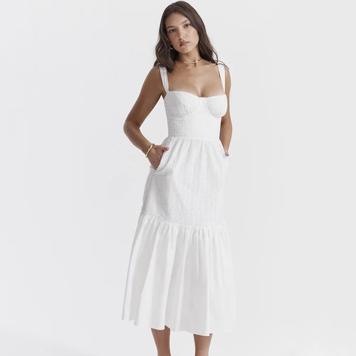 Load image into Gallery viewer, Elegant White Spaghetti Strap Midi Dress For Women Fashion Strapless Sleeveless Backless A-line Club Party Dress
