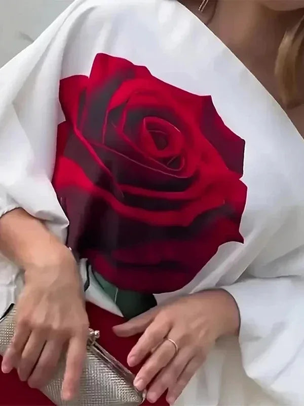 Summer Women 2 Piece Set Outfit Pants Rose Flower Print Blouse Tops Loose Wide Leg Trousers Clothes for Women