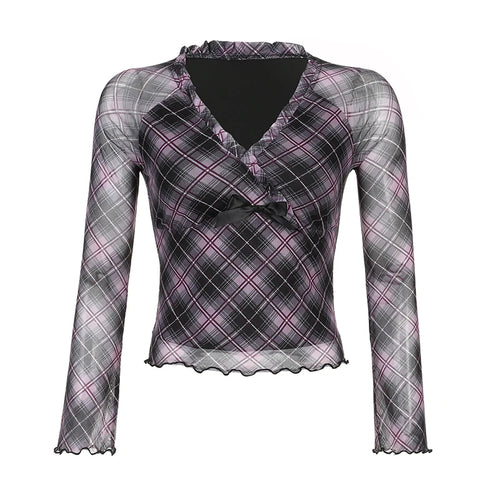 Load image into Gallery viewer, Y2K Aesthetic Frill Plaid Tshirt Mesh Top V Neck Chic Bow Ruffles Autumn Tee Shirts Female Clothing Vintage Fashion
