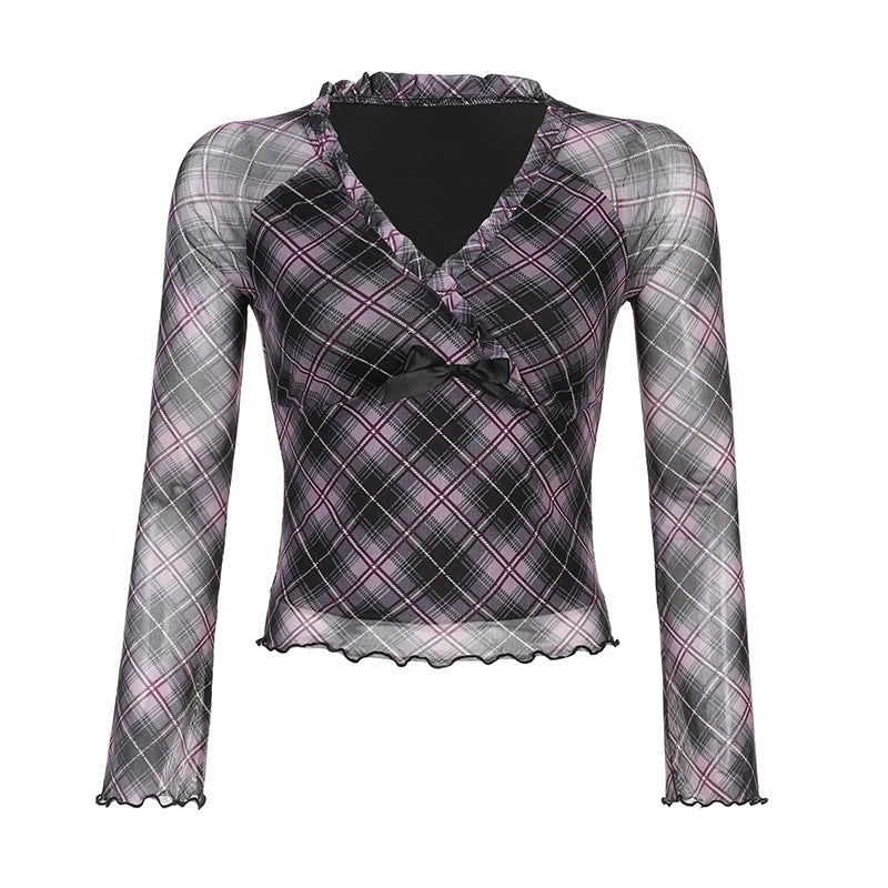 Y2K Aesthetic Frill Plaid Tshirt Mesh Top V Neck Chic Bow Ruffles Autumn Tee Shirts Female Clothing Vintage Fashion