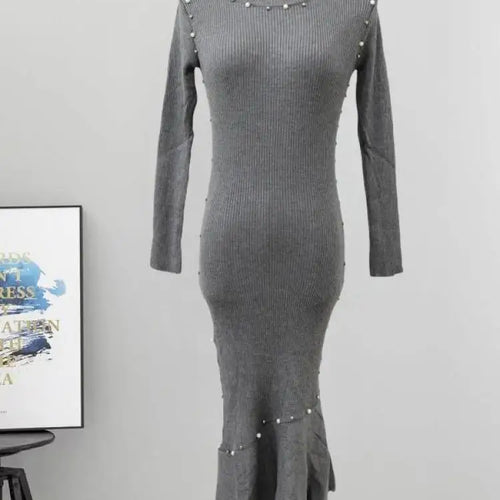 Load image into Gallery viewer, Vintage Women's Autumn Winter Solid Pearl Temperament Long Sleeved Knit Dress French Round Neck Festival Fashion Fishtail Dress
