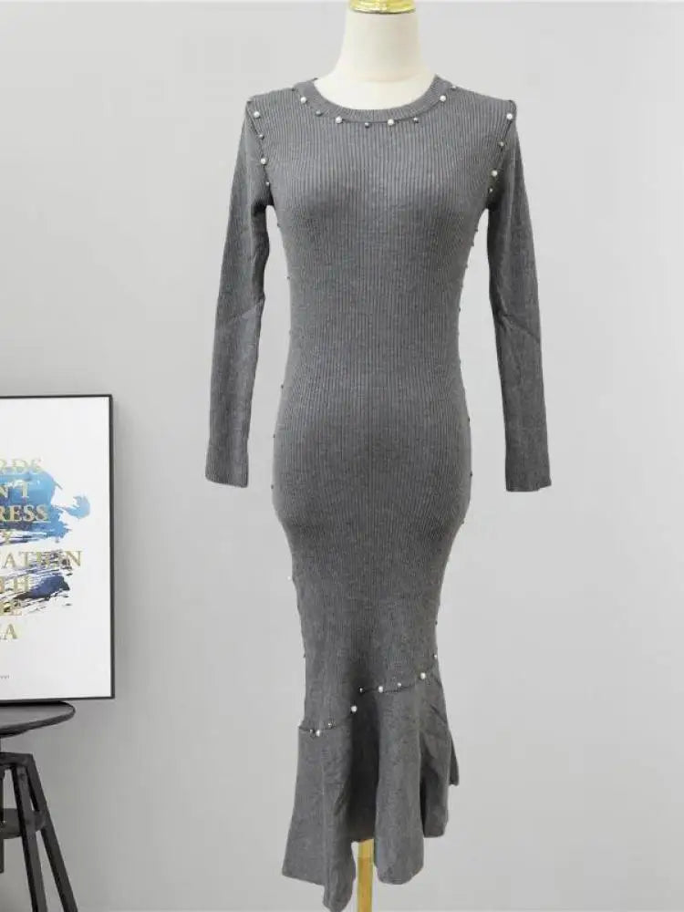 Vintage Women's Autumn Winter Solid Pearl Temperament Long Sleeved Knit Dress French Round Neck Festival Fashion Fishtail Dress