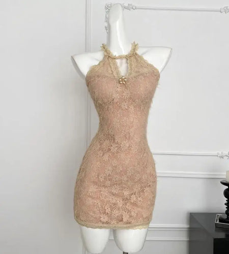 French Vintage Brown Lace Elegant Sexy Club Sleeveless Short Dresses Women Summer Off Shoulder Hollow Out Zipper Mini Dress Chic