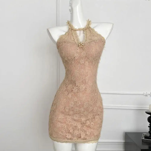 Load image into Gallery viewer, French Vintage Brown Lace Elegant Sexy Club Sleeveless Short Dresses Women Summer Off Shoulder Hollow Out Zipper Mini Dress Chic
