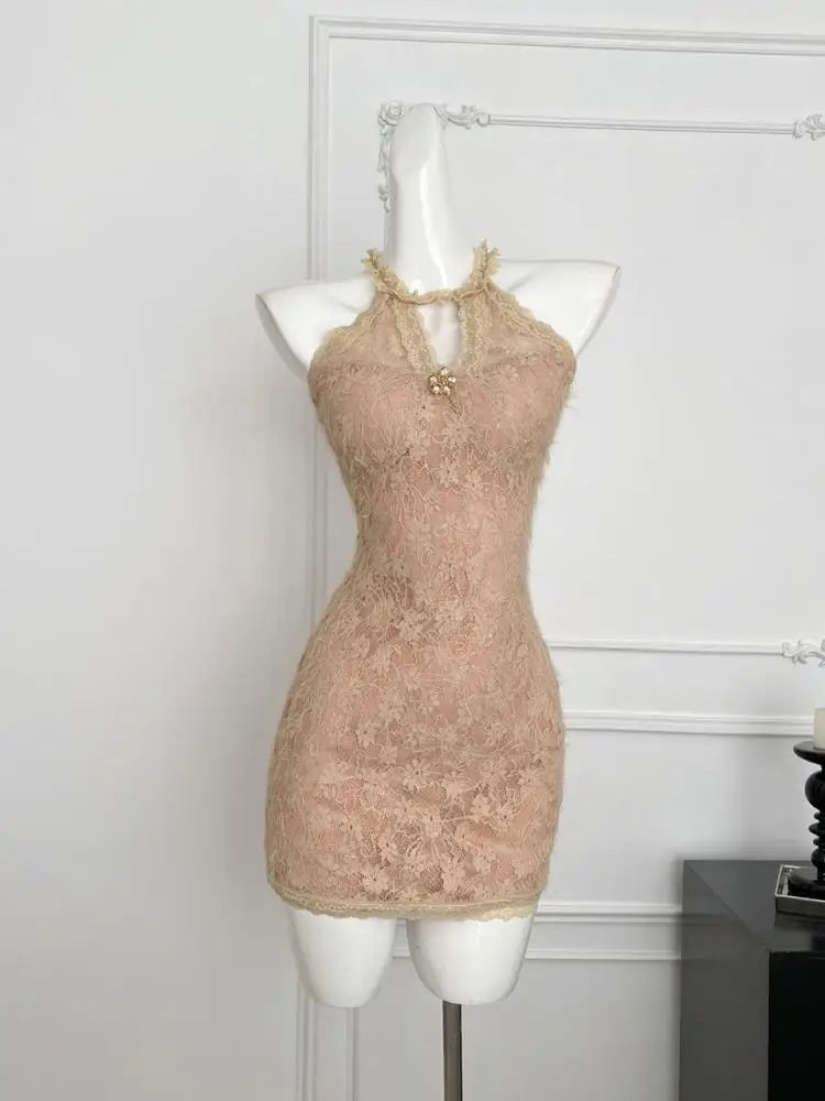 French Vintage Brown Lace Elegant Sexy Club Sleeveless Short Dresses Women Summer Off Shoulder Hollow Out Zipper Mini Dress Chic