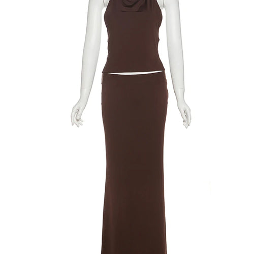 Load image into Gallery viewer, Hollow Simple 2 Piece Set Women Summer Halter Swing Collar Backless Crop Tops+Long Skirts Solid Vacation Matching Outfits
