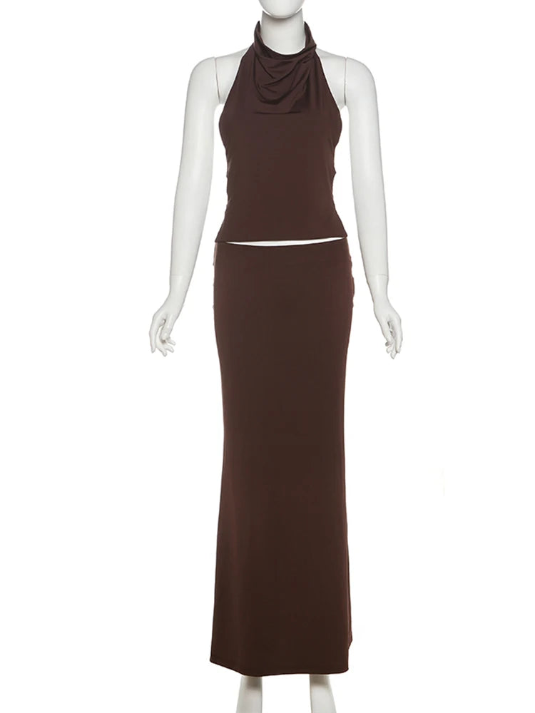 Hollow Simple 2 Piece Set Women Summer Halter Swing Collar Backless Crop Tops+Long Skirts Solid Vacation Matching Outfits