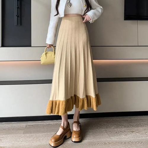 Load image into Gallery viewer, Korean Fashion Women Patchwork Ruffle Edge Knitted Long Skirts 2024 Autumn Winter Vintage High Waist Party A-line Pleated Skirt
