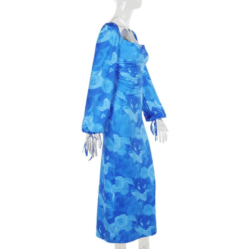 Load image into Gallery viewer, Blue Floral Print Sexy Maxi Dress For Women Gown Autumn New Square Collar Long Sleeve Lace-up Sexy Long Dress Elegant
