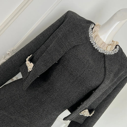 Load image into Gallery viewer, Autumn Winter Fashion Women's Set 2024 New Korean Gray Button Short Coat And Round Neck Ruffles Pearl Vest Dress Two Piece Suits
