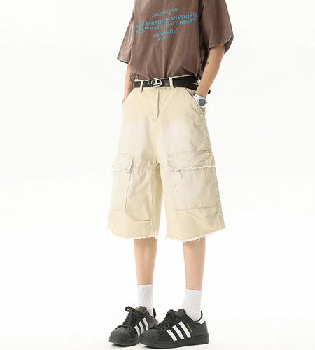 Men's Summer Shorts Solid Color Multi Pockets Trendy Cargo Wear Loose Silhouette Straight Leg Male Bottoms New 9W1326