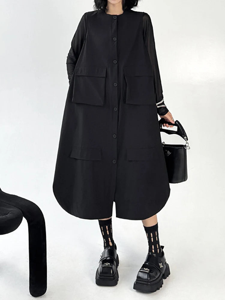 Women Black Pockets Big Size Casual Midi Vest Dress New Round Neck Sleeveless Fashion Tide Spring Autumn 2025 1DJ1167
