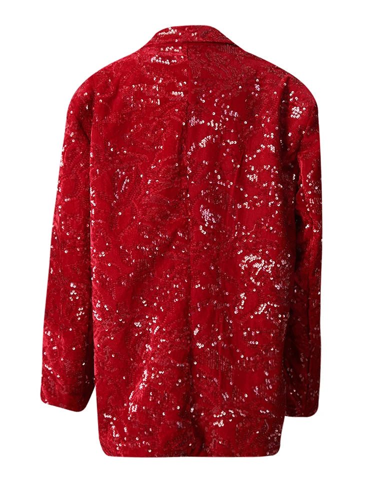 Women Red Sequins Shining Big Size Elegant Blazer New Lapel Long Sleeve Jacket Fashion Tide Spring Autumn 2025 CPG3014