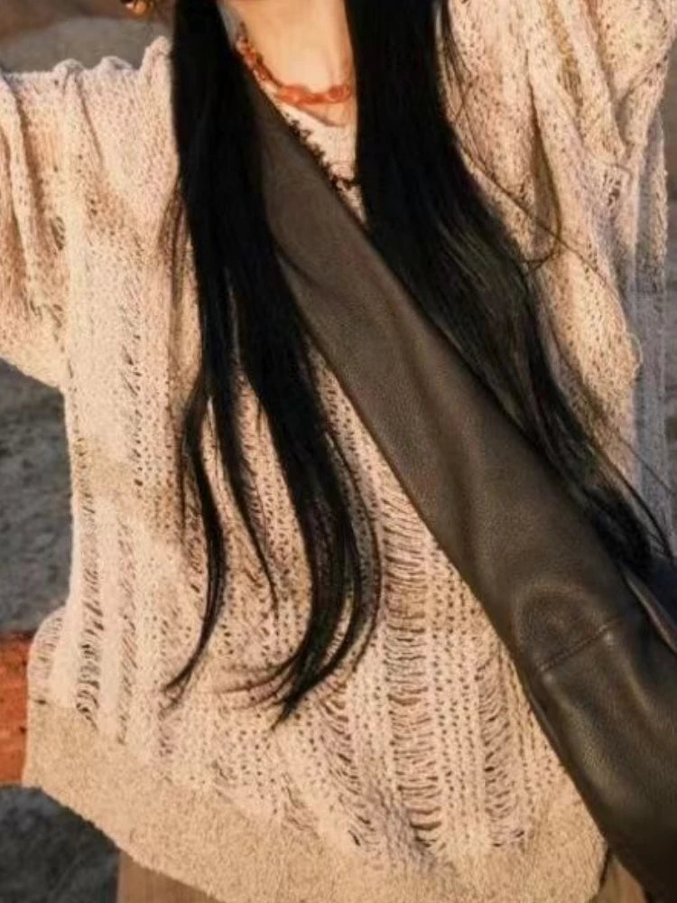 Autumn Streetwear Y2k Aesthetic Grunge Pullovers Vintage Solid Harajuku Grunge Jumpers Loose Knitted Women Hollow Out Sweaters