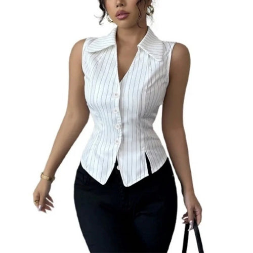 Load image into Gallery viewer, y2k Waistcoat Vest 2000s Women Summer Striped Single Breasted Sleeveless Tank Top Elegant Ladies Clothes Streetwear
