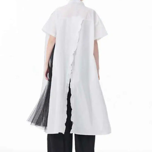 Load image into Gallery viewer, Women White Mesh Color-block Big Size Midi Shirt Dress New Lapel Short Sleeve Fashion Tide Spring Summer 2025 1DJ0045
