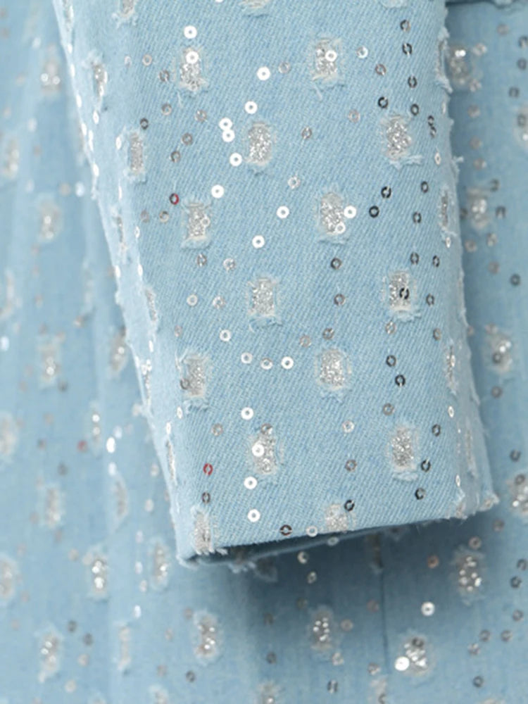 Women Blue Denim Sequins Big Size Thick Long Blazer New Lapel Long Sleeve Jacket Fashion Tide Spring Autumn 2025 1DH7153