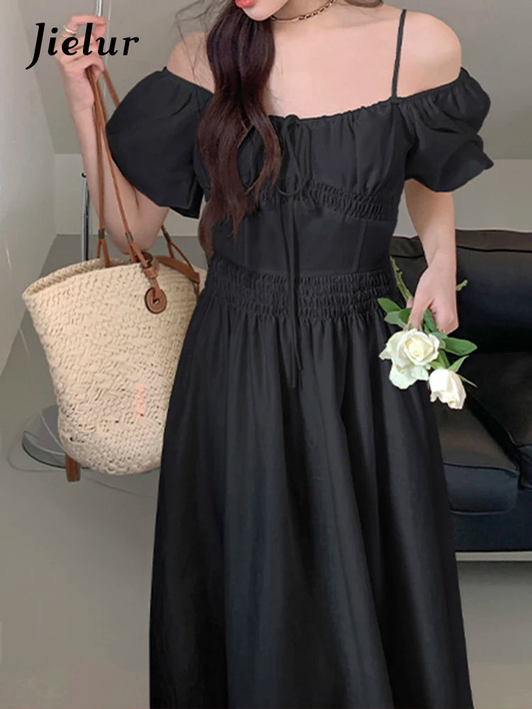 Summer Strapless Puff Sleeve Slash Neck Women Dresses Chic Lace-up Slim Waist Solid Color Casual Fashion Female Dress