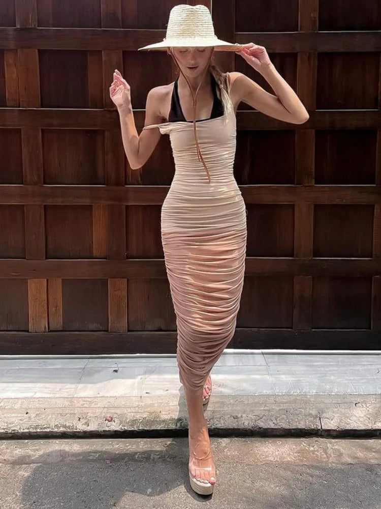 Elegant Mesh Patchwork Elastic Tight Dress Women Sexy Open Back Pleated Female Dress Slim Fit Party Vacation Club 2024
